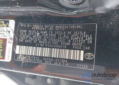 2012 Toyota Camry Xle from USA, damaged, VIN 4T1BF1FKXCU066019